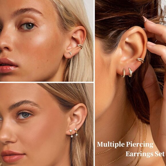 Dainty 14 Pairs Gold Hoop and Stud Earrings Set for Women, Hypoallergenic, Stack - Picture 3 of 7